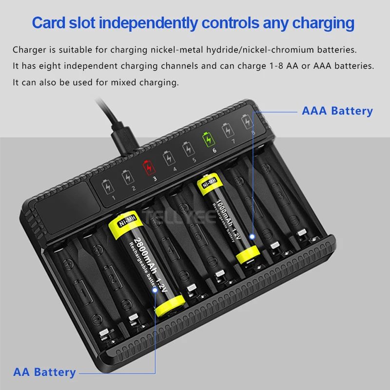 Cargador de batería inteligente con pantalla LED, cargador de batería de litio de 8 ranuras, para AA/AAA NiMH, salida de 1,48 V 600mA * 8