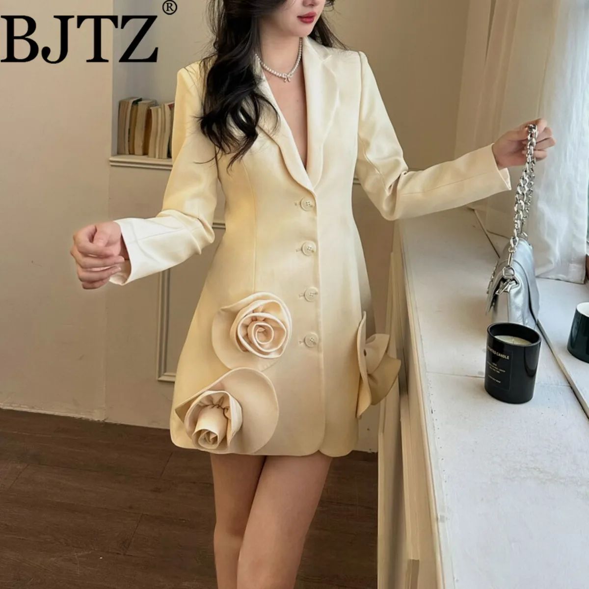

BJTZ Temperament Elegant 3D Flower Design Woman's Blazer Dress 2025 Spring Autumn New Single Breasted Female Jacket