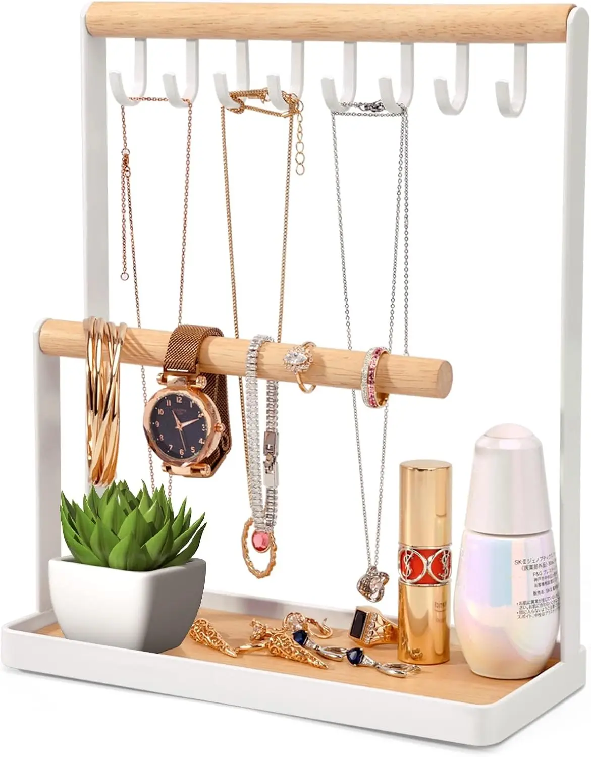 Jewelry Organizer Display Stand Holder with Wooden Ring Tray and Hooks Necklaces Bracelets Watches Metal Desk Organizer Stand