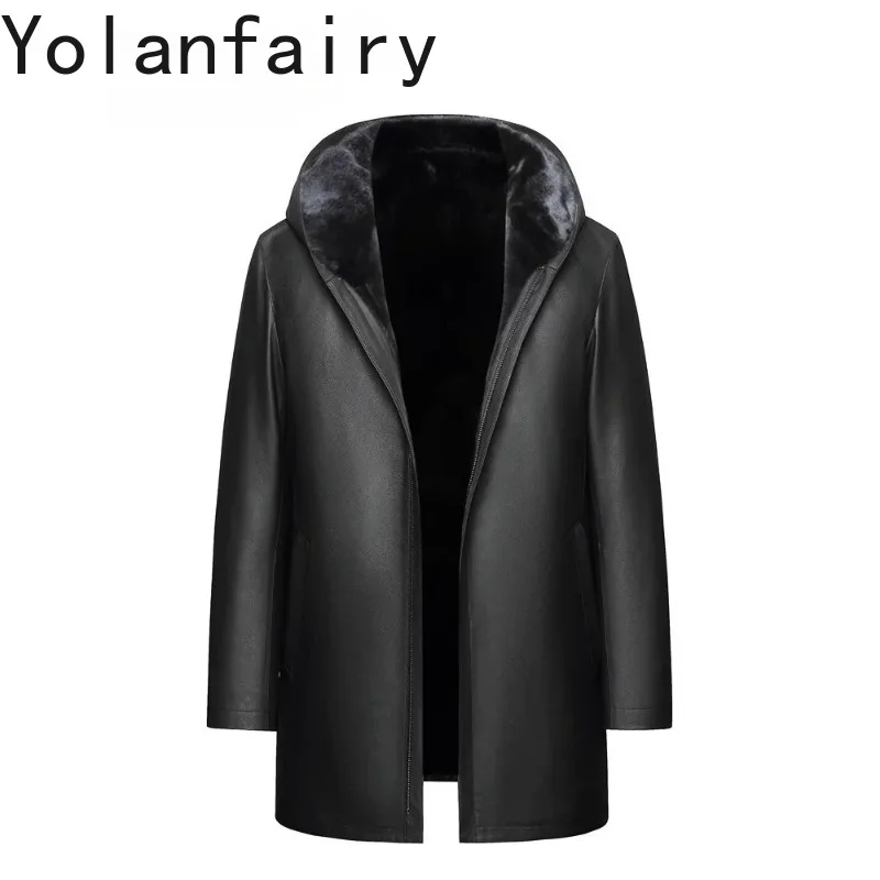 YOLANFAIRY 100%Cowhide Genuine Leather Jacket Men High Quality Luxury Mink Fur Liner Parkas Warm Winter Mid-length Real Fur Coat