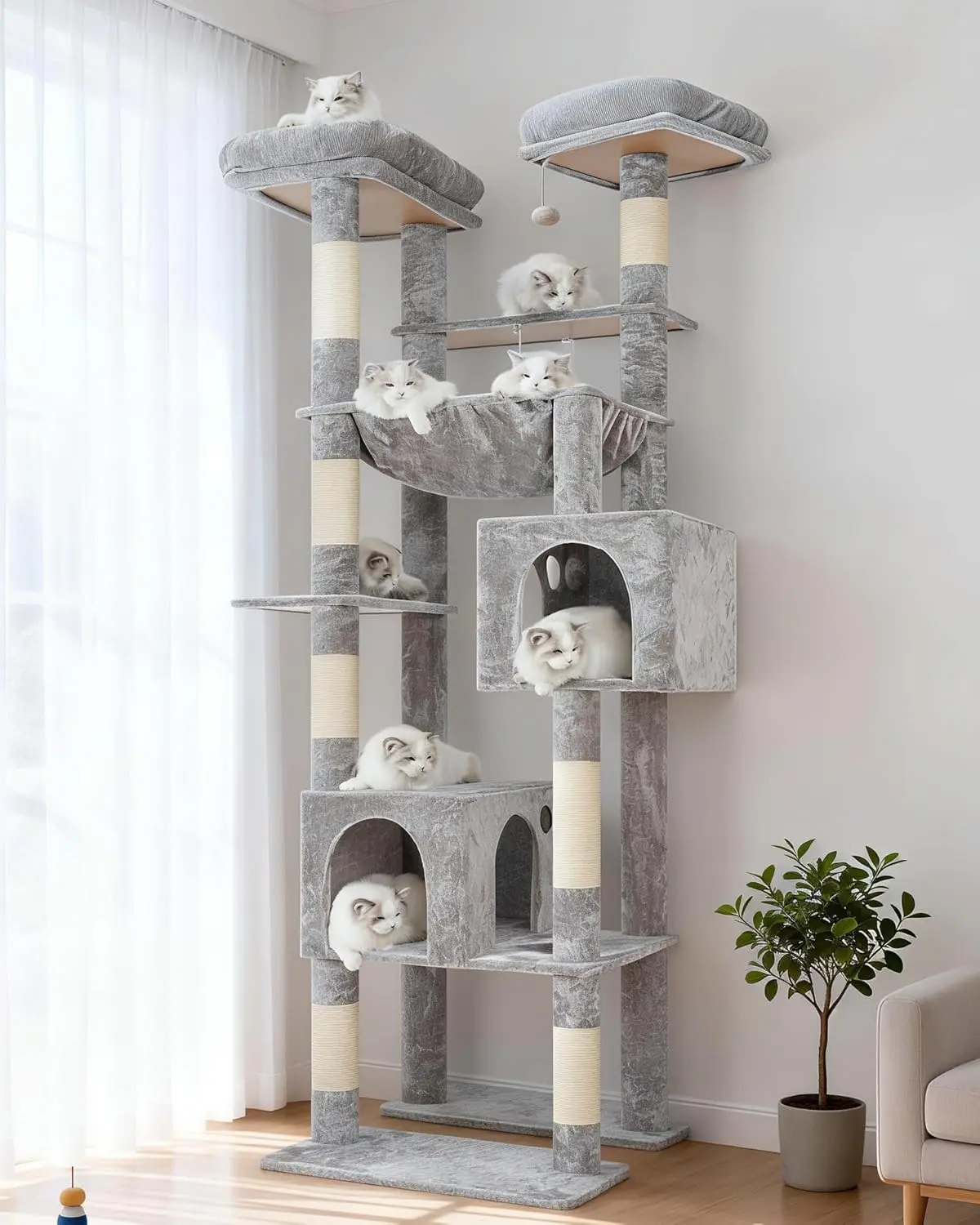

Tall Cat Tree Tower, Heavy Duty Scratching Posts with Large Platforms, Cozy Condos, Big Hammock, Toy Balls, Multi-Level
