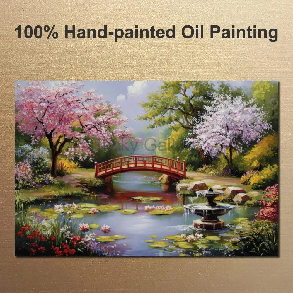 Contemporary Oil Painting on Canvas Textured Artwork Spring Garden Pond Hand Painted Landscape Art for Modern Living Room Decor