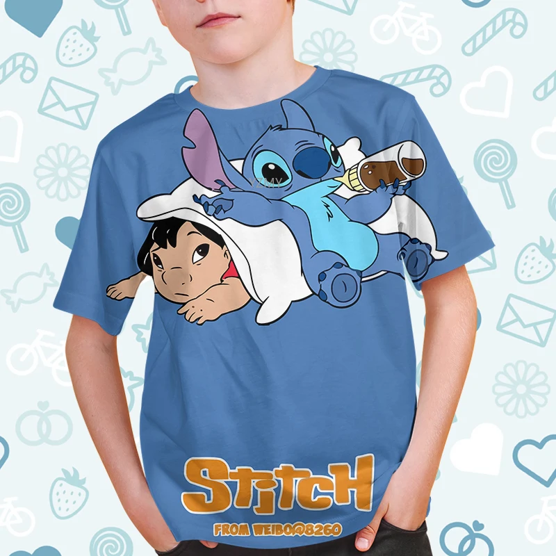 Lato 2024 Disney Lilo Stitch 3d T Shirt dla dzieci kreskówka ścieg graficzny koszulki w stylu Casual chłopców dziewcząt Disney koszulka z motywem Anime Street Tshirt