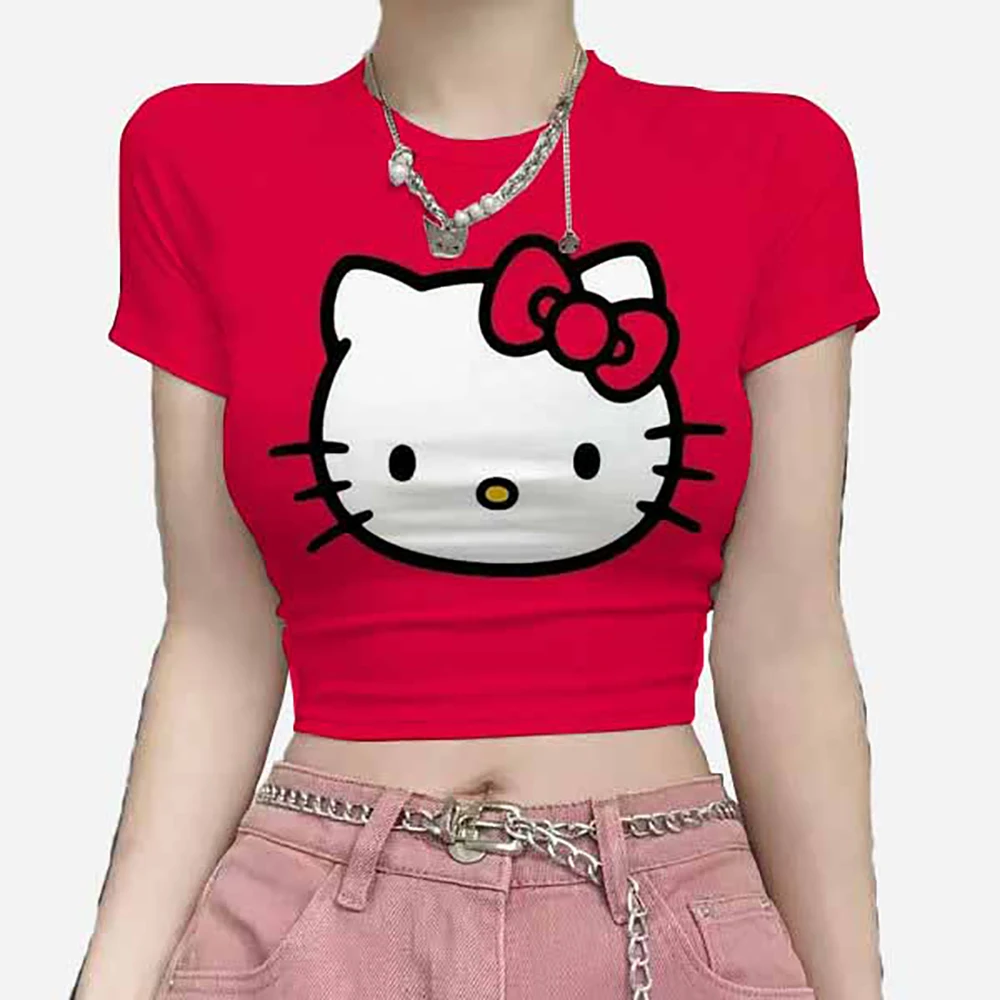 Hello Kitty print Crop T-shirts 2025 Fashion Casual Women Crop Top Summer Retro Sexy E-girl Baby Tee Streetwear Y2k Clothes ﻿