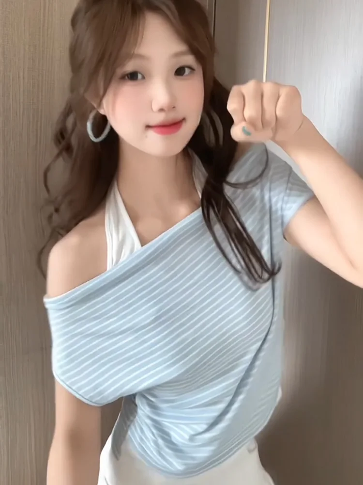 الكورية الحلو oulder Bared وهمية قطعتين ort Sve تي شيرت المرأة الصيف اللون بلو شريط التخسيس Ne معلقة