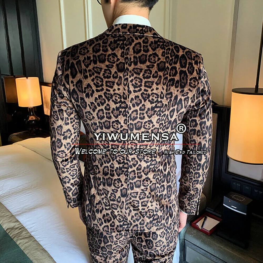 Mens Leopard Brown Print Suits Business 3 Pieces Blazer Sets Tailoring Slim Fit Groomsman Costume Homme De Luxe Pour Le Mariage