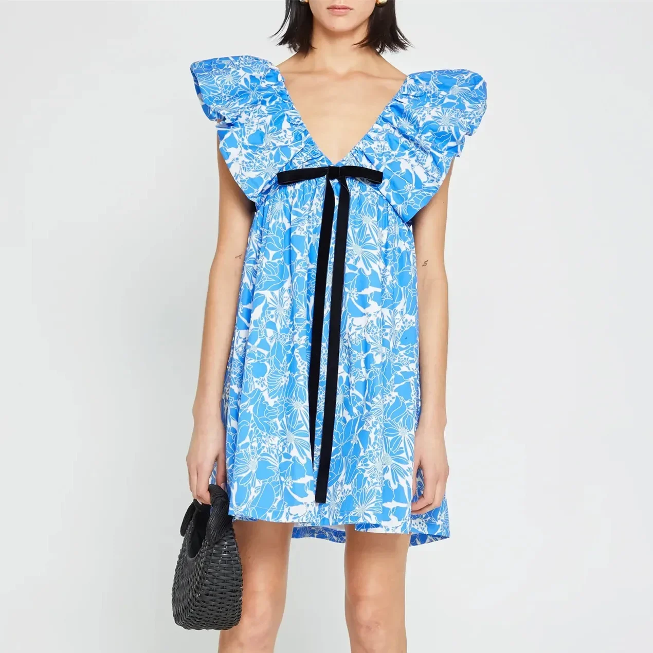 Y2k Vintage Summer Women Floral Print Mini Dress Boho V Neck Puff Sleeve Short Dress Bow Tie Flowy Dress Fashion Beach Sundress