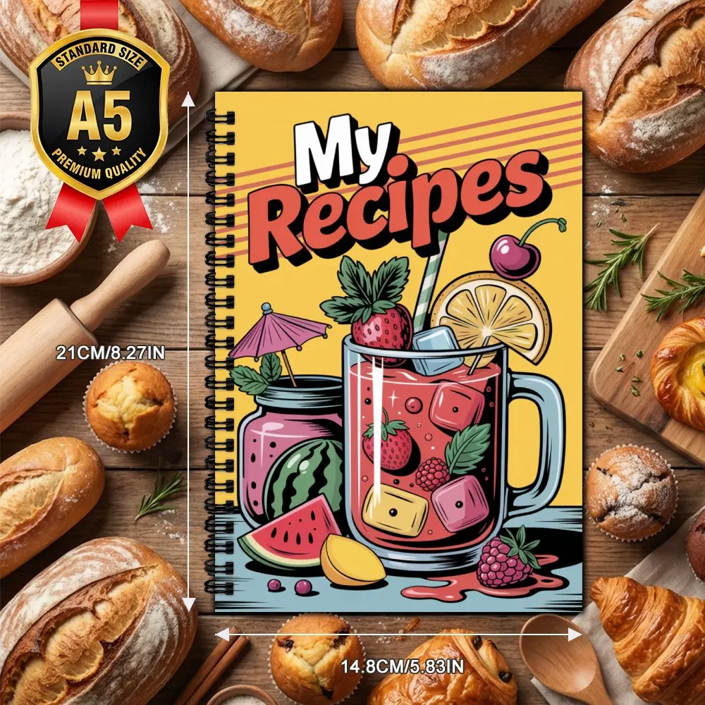 A5 Notebook Recipe Book (French Recipe Collection), Vibrant Fruit Drink (Strawberry, Lemon, Cherry) Themed Cover