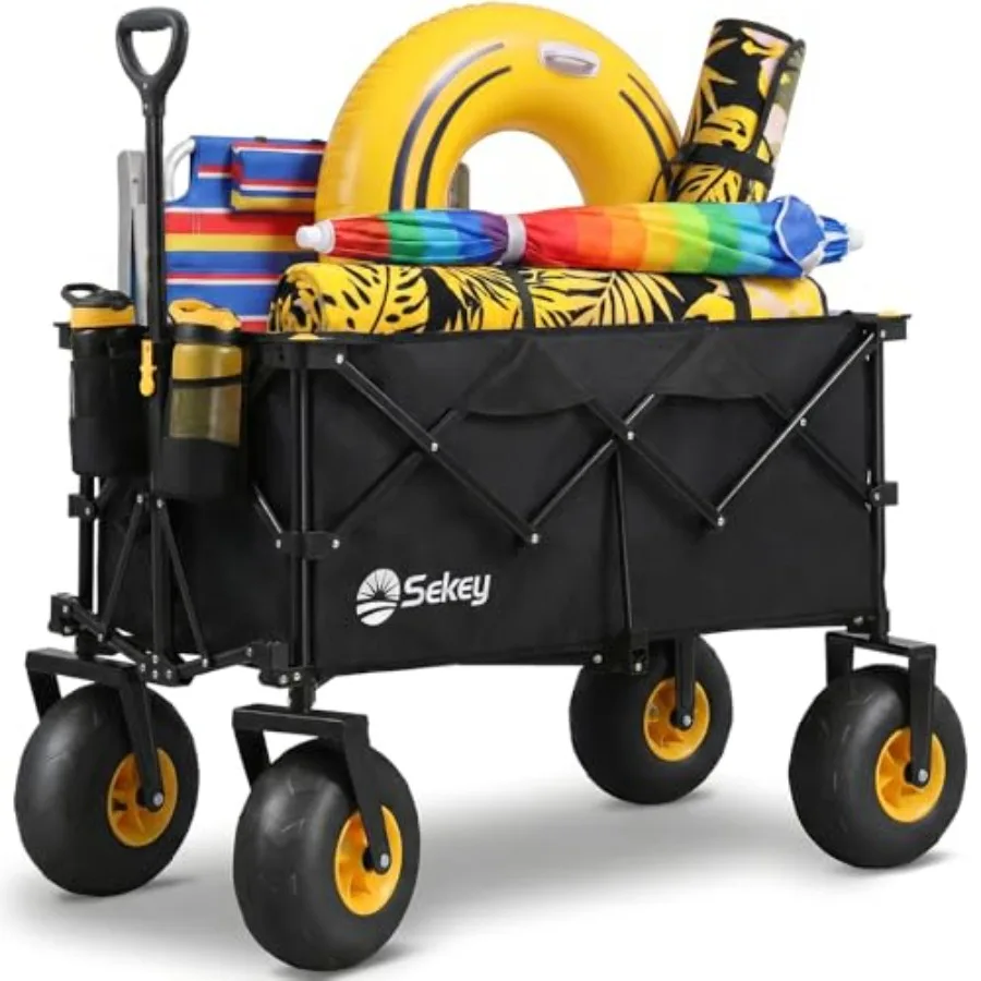 

Heavy Duty Beach Wagon for sand, camping, groceries steel frame, black 600lb capacity, 200L foldable, 9 sand-proof wheels, adju