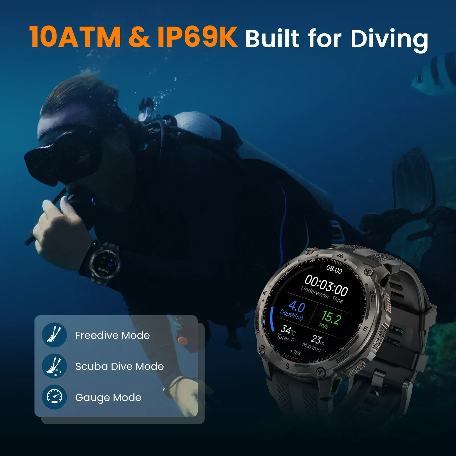 KOSPET Tank T4 Men's Rugged Smart Watch Military Grade GPS Stainless Steel 100M Waterproof 45M Freediving 24/7 Health Monitor