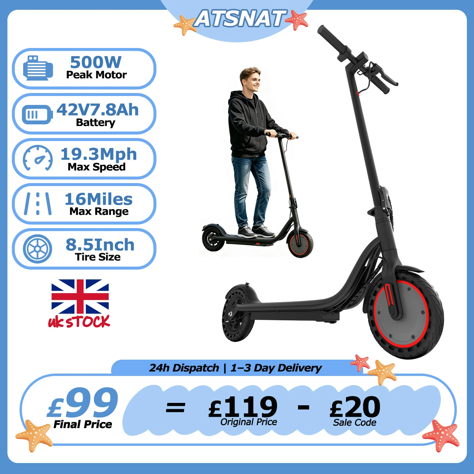ATSANT W3 Electric Scooter 500W powerful Motor 42V7.8Ah 16Miles Long Range 19.3mph 8.5Inch Foldable Commuter AOVOPRO Scooer with App EScooter UK Stock
