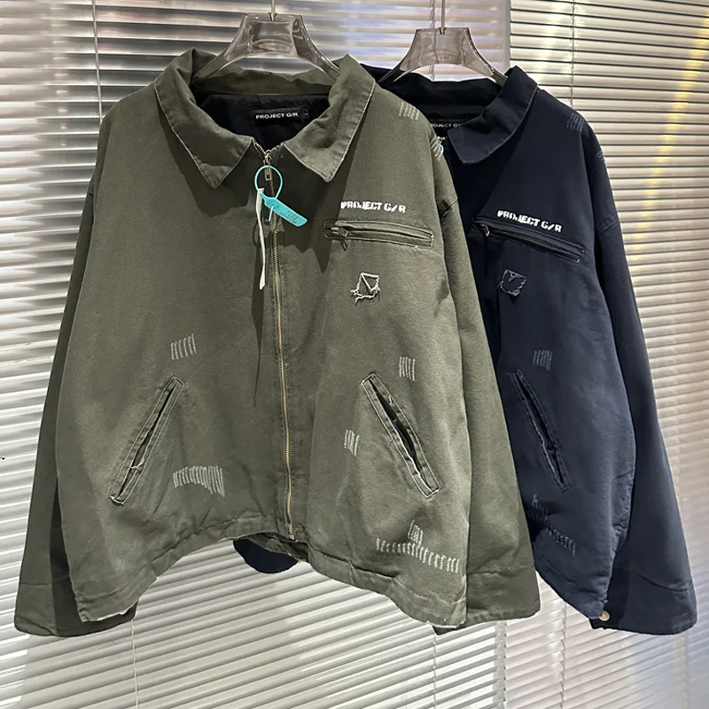 

2025 Trends Project G/R Jacket High Street Fashionable Washed Lapel Outerwear Casual Do Old Ripped Hole Jackets