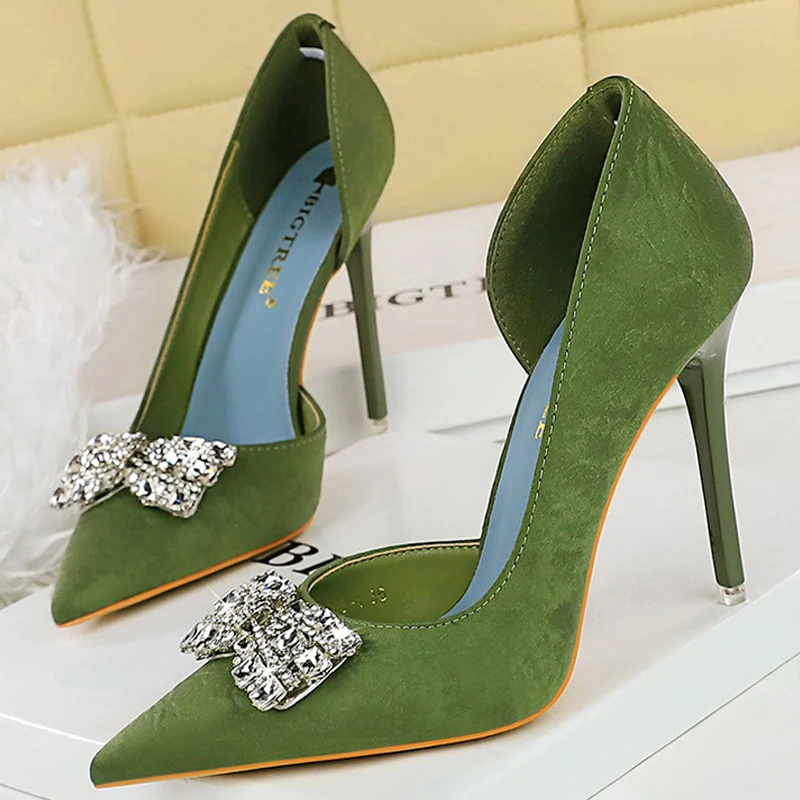 BIGTREE 靴合成皮革女性パンプスラインストーンちょう結びハイヒール 10.5 センチメートルハイヒール高級宴会靴大サイズ 43