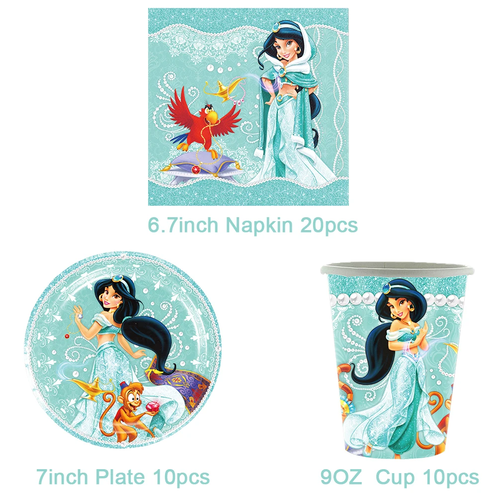 مجموعة أدوات مائدة للاستعمال مرة واحدة على شكل أميرة الياسمين علاء الدين، أكواب حفلات أعياد الميلاد، أطباق مفرش المائدة، بالونات، مستلزمات خلفية ديكور #5