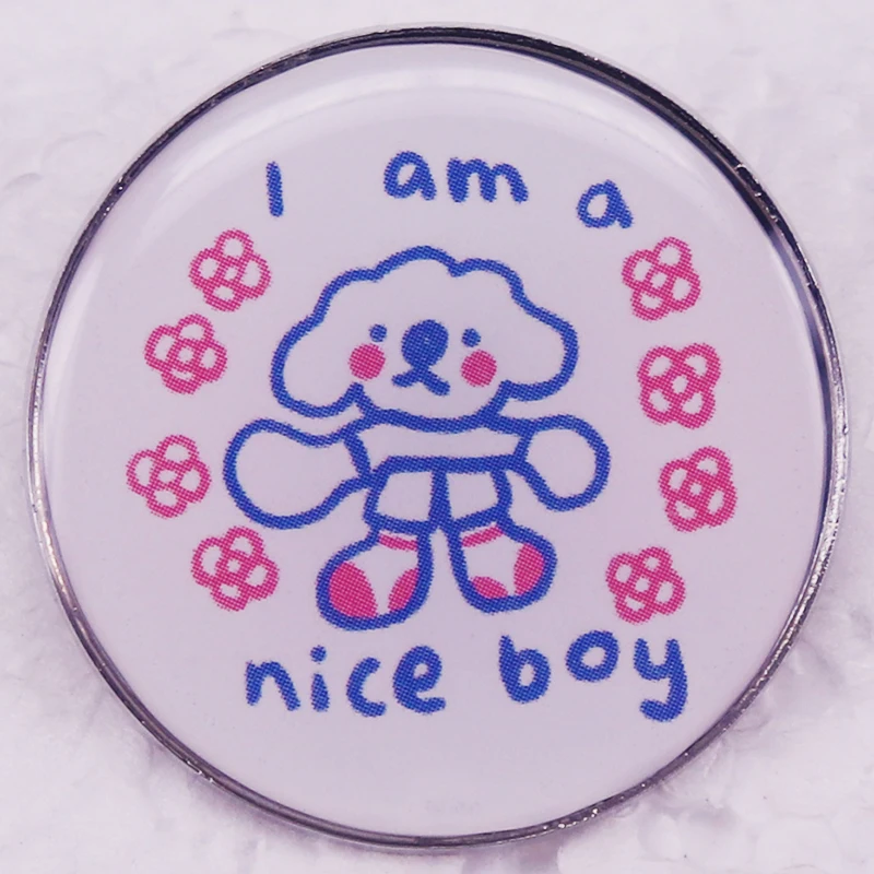 Jestem miłym chłopcem, okrągła przypinka przypinać uroczy pies z kreskówki broszka biżuteria plecak kapelusz torba ozdoba