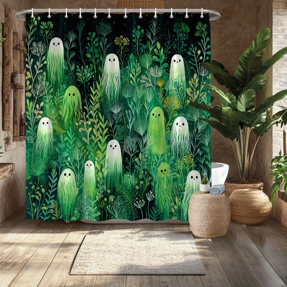 Garden Shower Curtain - Whimsical Ghosts & Greenery, Durable Polyester, Fade-Resistant, Machine Washable, Playful Bath Decor