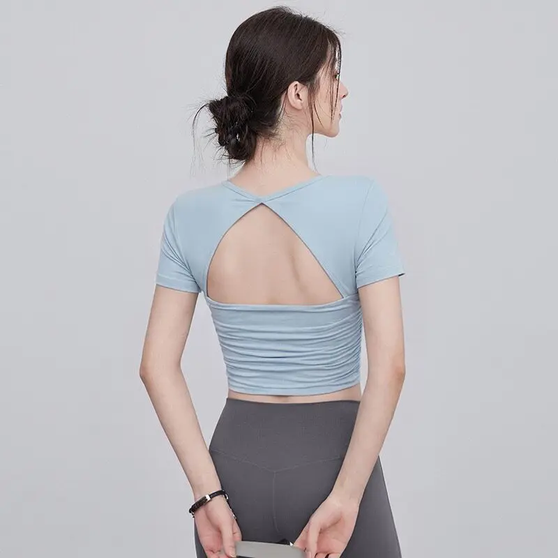 

Sporty Women's Short Sleeve Mesh Patchwork Crop Top Slimming Fitness Top Professional Pilates Training Yoga Wear