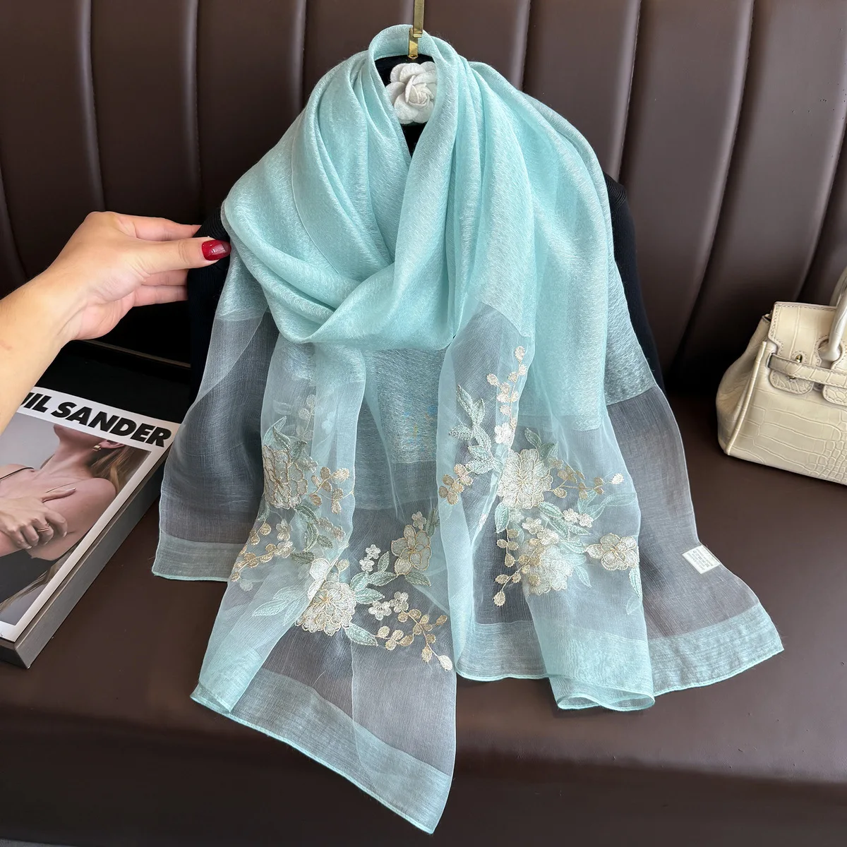 New scarf silk embroidery silk scarf mulberry silk embroidery wool scarf versatile light luxury