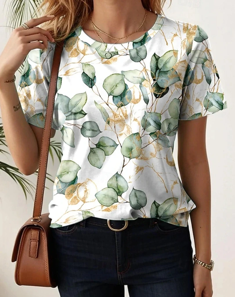 

Women's Round Neck T-Shirt Floral Print Green Leaf Pattern Outdoor Casual Short Sleeve Top Plus Size Women's Clothing Black Blue