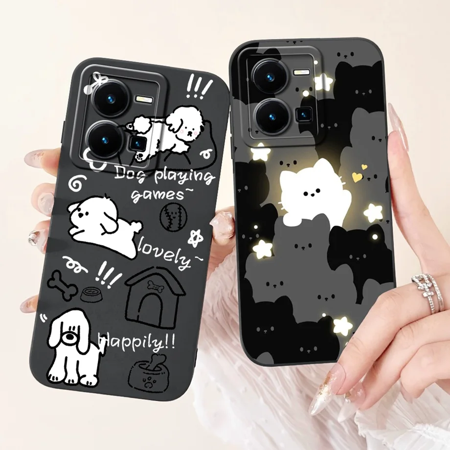 Lovely Painted Phone Case For Vivo Y35 4G Matte Silicone Anti-knock Soft Cover Funda For Vivo Y22T Panda Cat Animals Flower Capa