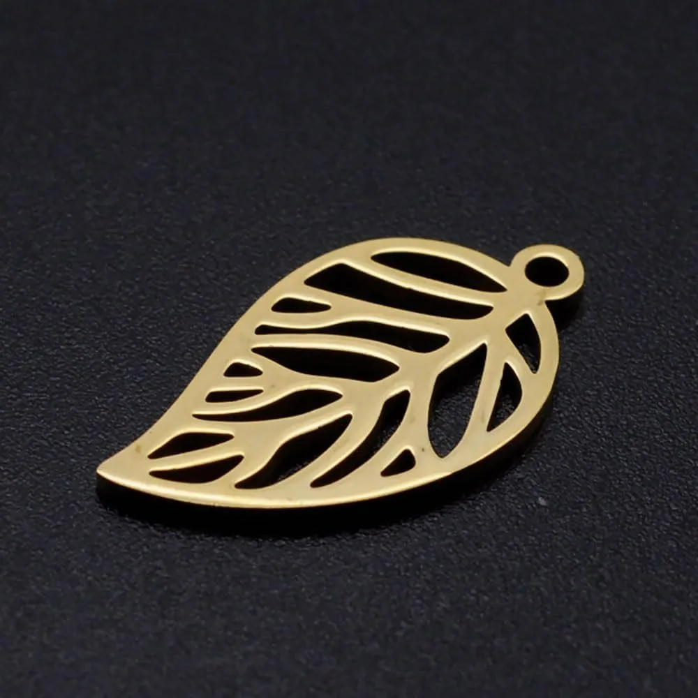 5Pcs Hollow Gold Tree Leaf Charms Pendants Flat Hollow Leaf Charms 201 Stainless Steel Leaf Designs 22x12x1mm with 1.4mm Hole
