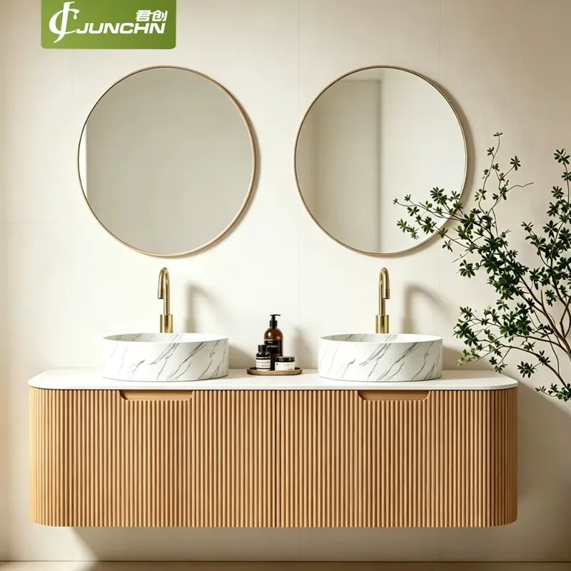 Wood Fluted Floating Bathroom Vanity Double Sink Wall-Mounted Cabinet Gold Framed RoundMirror Artificial  Countertop Marble