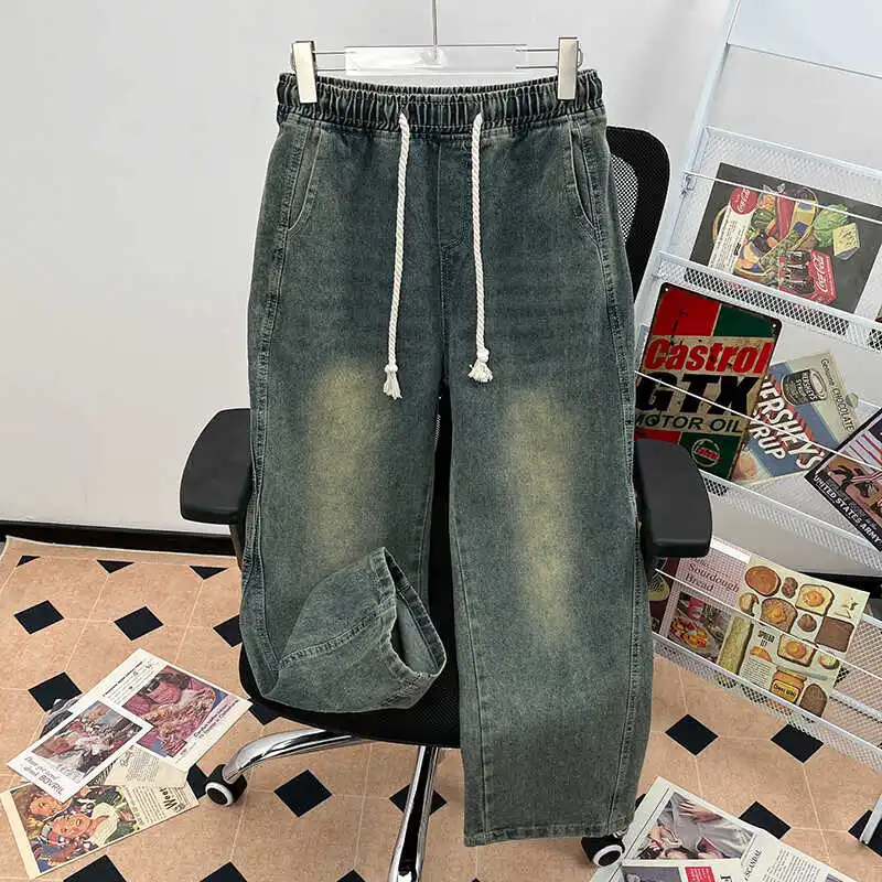 

Retro Loose Fit Men's Jeans Casual High Waist Straight Leg Long Trousers Drawstring American Style Teenage Summer Fashion