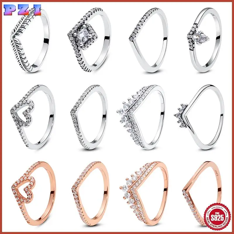 

Original Silver Ring Wishbone Crown Love Heart Pave CZ Stackable Rings For Women Wedding Engagement Birthday Gift Jewelry