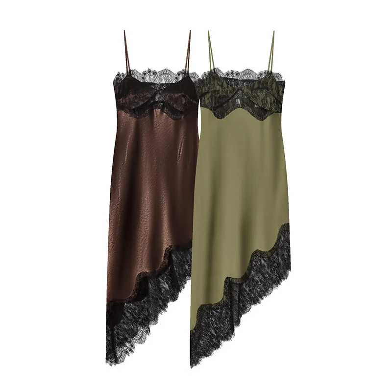 Abiti con giunture in pizzo di raso per le donne 2026 Abito longuette estivo con slip Donna Abito da sera sexy senza maniche Abiti eleganti femminili