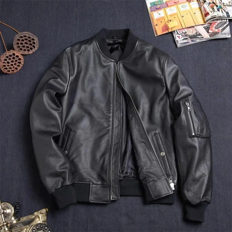 YR!.wholesales.Brand new classic Ma-1 air force leather jacket.quality black bomber cowhide coat.Men Bomber cloth