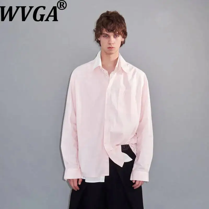 WVGA Spring Autumn New Men's Double-collar Faux Two-piece Oversized Layered Long Sleeved Shirt Niche Chic Casual Tops Ins W23895