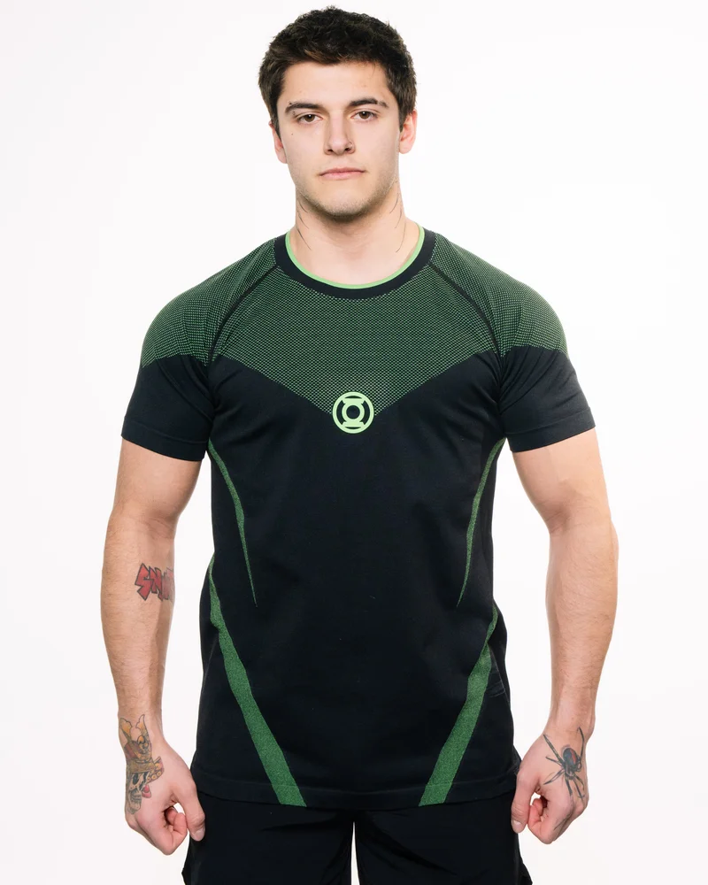 Green Lantern Herren T-Shirt in Grün-Schwarz, eng anliegend, kurzärmelig, für Fitnessstudio, Training, schnelltrocknend, Sport-Fitness-T-Shirt – Detail 5