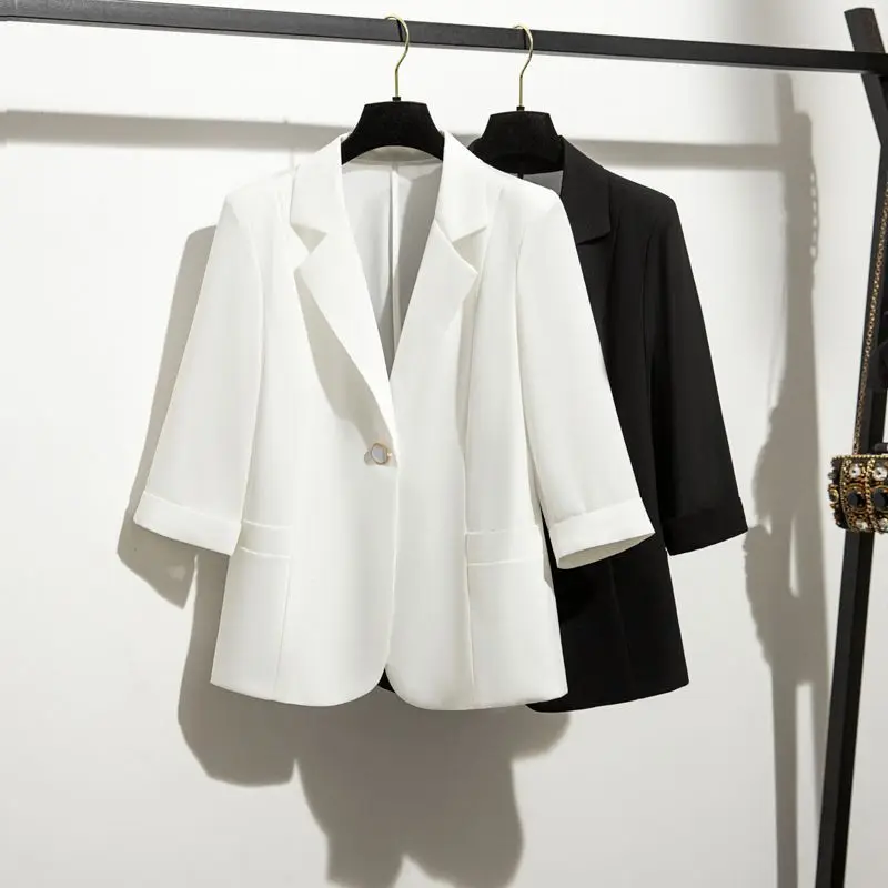 Thin White Small Suit Jacket For women 2026 Summer New Chiffon Seven Quarter sleeve Temperament Casual Suit Top Single buckle