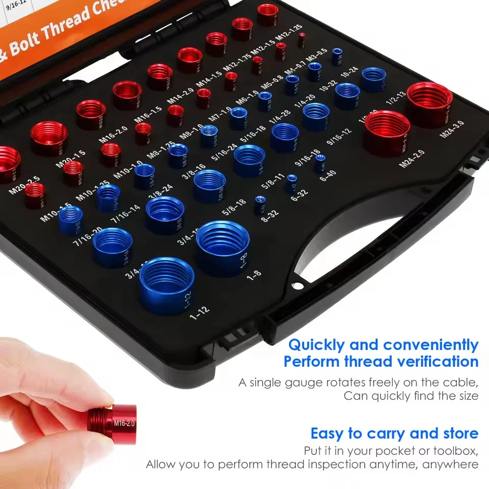 44PCS Nut and Bolt Thread Gauge Set Metric & SAE Measurement Fast Size Check Storage Case Nut And Bolt Thread Inspector