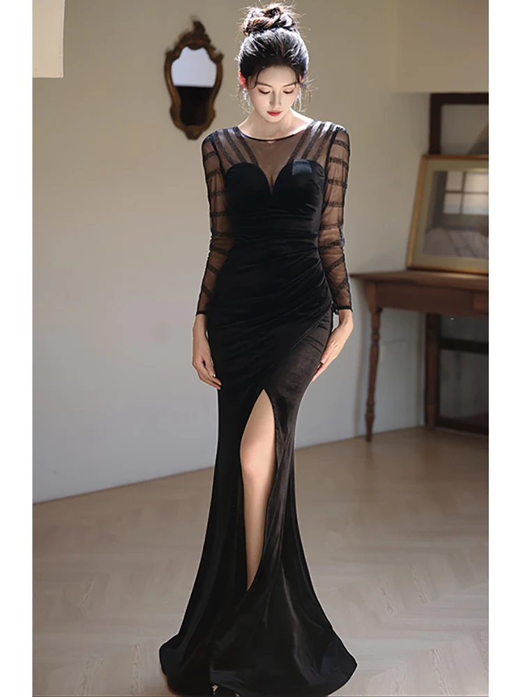 2025 vestido Sexy transparente de malla de retales de terciopelo negro para mujer vestido de noche de lujo Hepburn Vintage Otoño Invierno vestido ajustado coreano