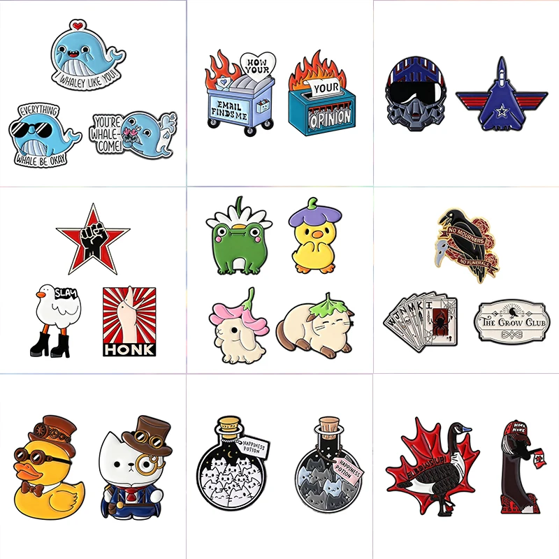 2-6Pcs/Set Cartoon Animal Brooch Enamel Pins Retro Steampunk Duck Cat Canada Duck Husky Dog Brooches Lapel Badge Jewelry Gifts