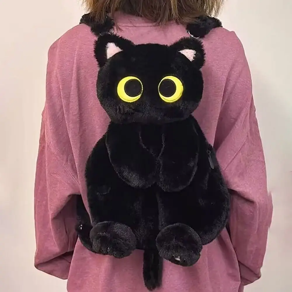 Large-capacity Plush Backpack Soft Big Eyes Cat Adjustable Strap Bucket Bag Detachable Hook Cartoon Shoulders Bag Travel