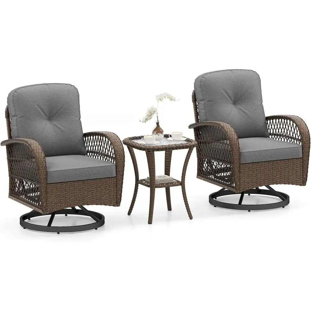 

Серый 360 ° Набор вращающихся кресел-качалок с подушками и кофейным столиком из закаленного стекла для улицы, патио, балкона, веранды или зоны у бассейна