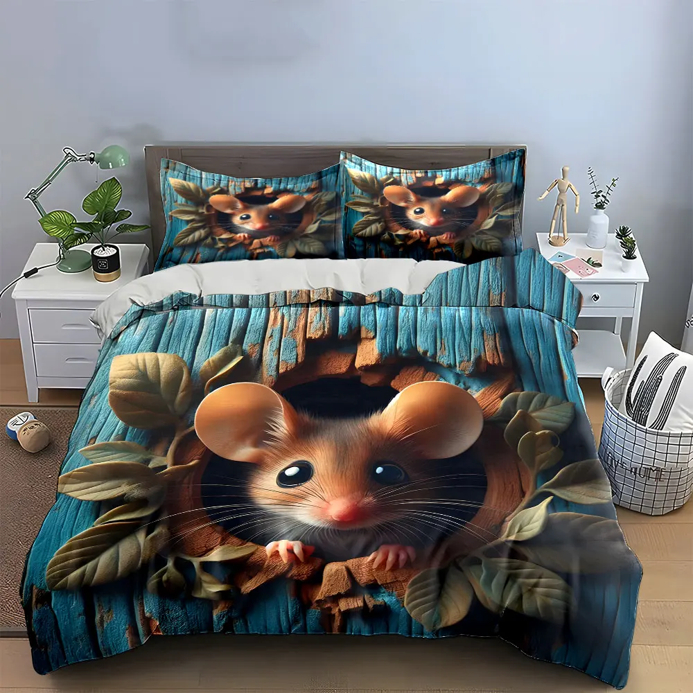 3Pcs Cute Mouse Bedding Set,Adorable Field Mouse in Wood Hole Print Duvet Cover Set, Whimsical Animal Pattern for Kids Bedroom