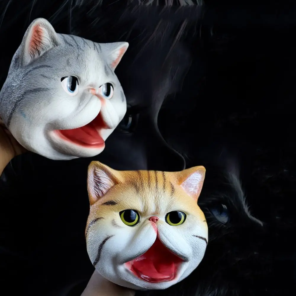 面白いビニール製動物ヘッドハンドパペット、シミュレーションインタラクティブ猫フィギュアグローブ、ストーリーテリングソフトペット猫ヘッドモデル、親子向け