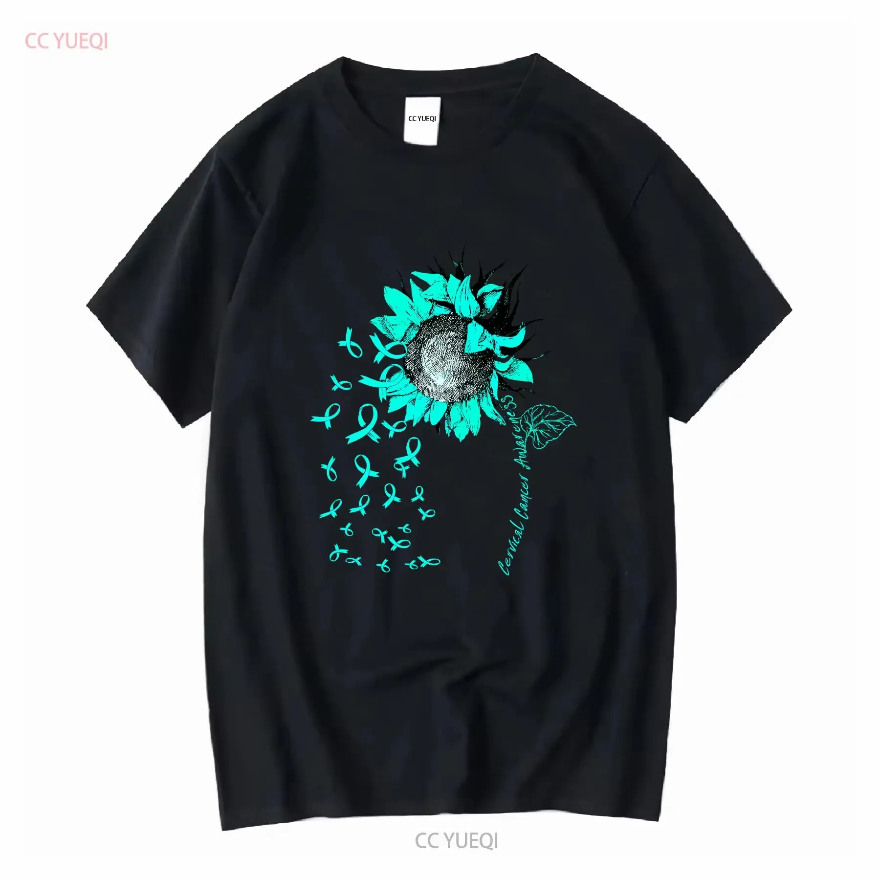 Women Tops CERVICAL CANCER AWARENESS Sunflower Teal Ribbon T Shirt long or short sleeves vintage Washed Casual Breathable Soft