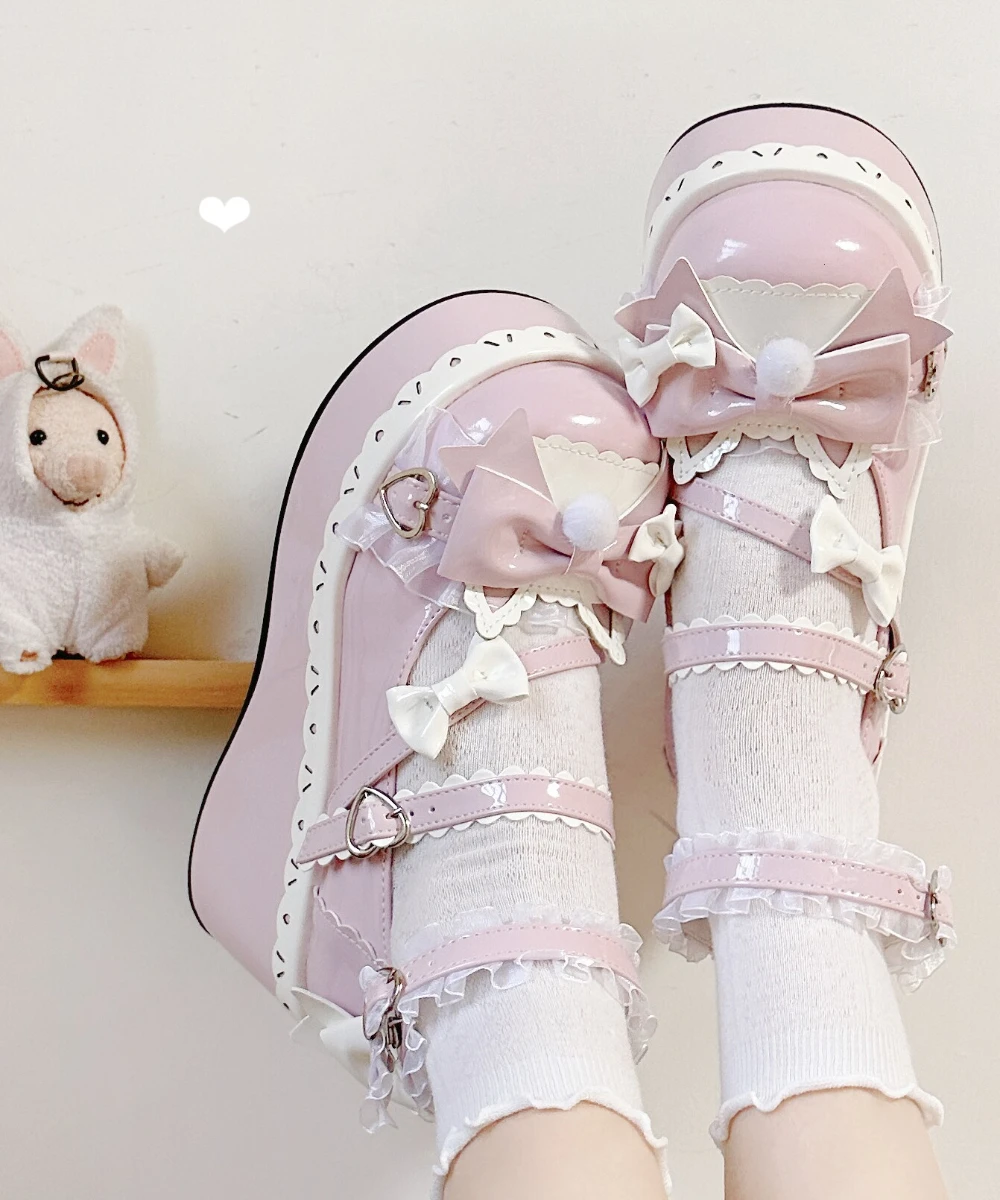 Lolita Girls Shoes Sweet Cute Bow Platform 2024 Spring Summer Round Head Muffin Bottom Shoes Teenage Leather Pump High Heels