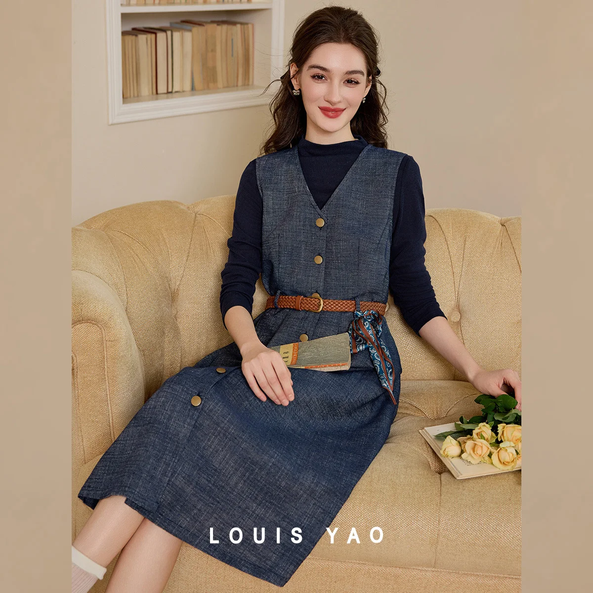LOUIS YAO T-shirt met lange mouwen en denimjurk, tweedelige set 2025, herfst, afneembare riem, hoge kraag, top, damesset