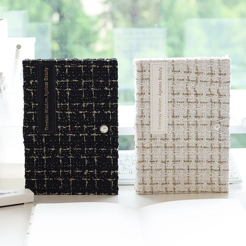 Fabric Cover Beautiful  Notebook Classic Black and White B6 Girl Diary Pearl Buttons Notepad