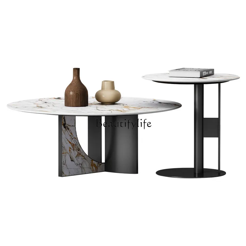 

Italian light luxury round coffee table combination large apartment living room high-end rock slab
