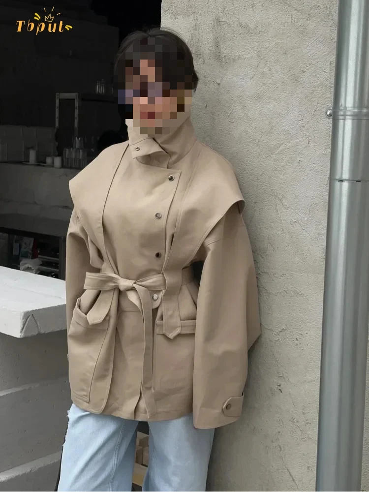 

Popular European and American style women's clothing French temperament stand-up collar locomotive trench coat