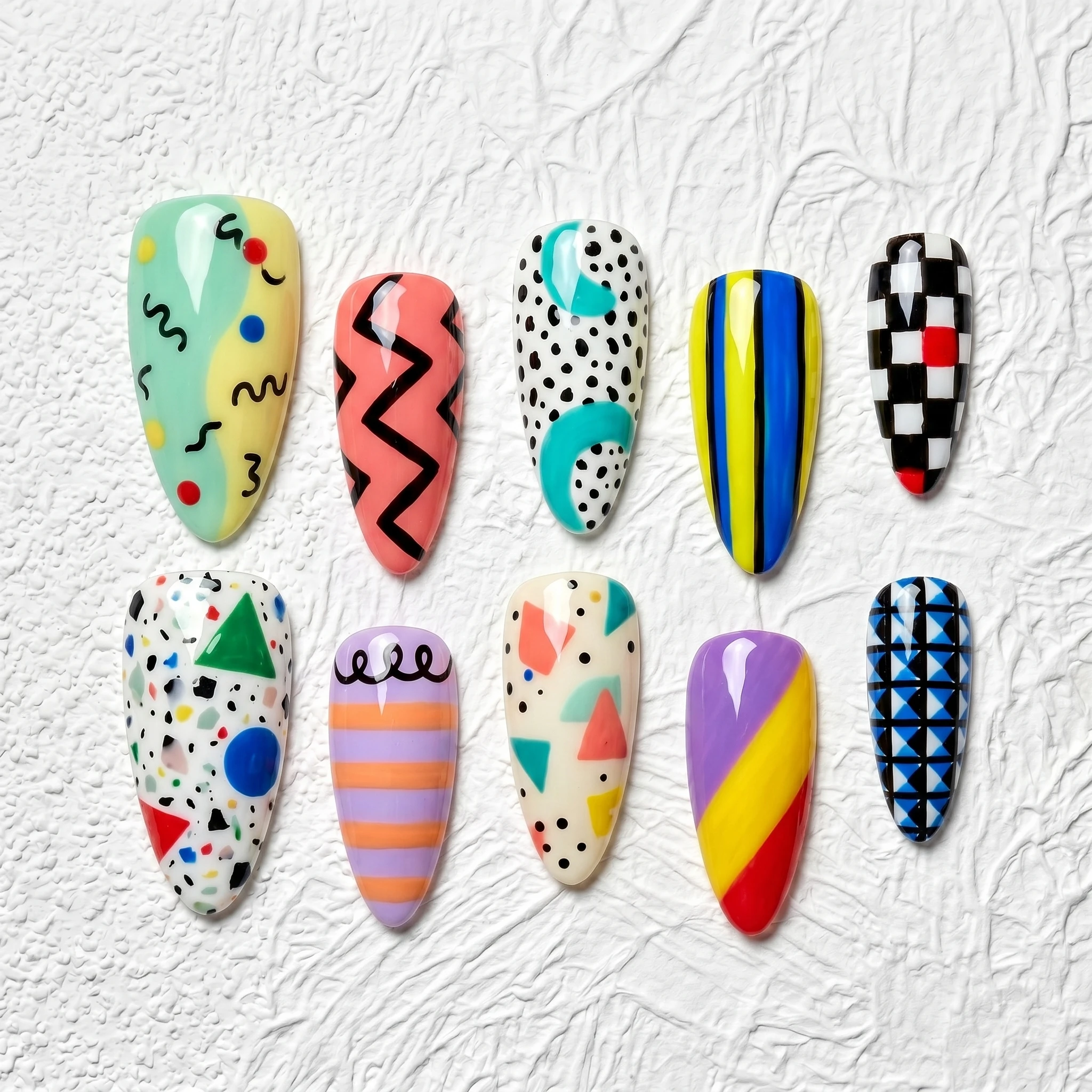 Artisan Handcrafted 10PCS Playful 80s Retro Almond Press-On Nails | Geometric & Zigzag Designs, Party Wear Salon Finish
