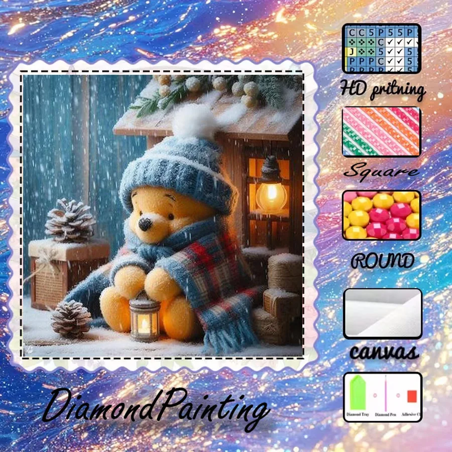 1 Stück - Potdemiel-5D-DIY - Beflockter Stoff - Spezialbohrer - Diamantmalerei-Set - Bär, Winterlandschaft - Diamantkunst