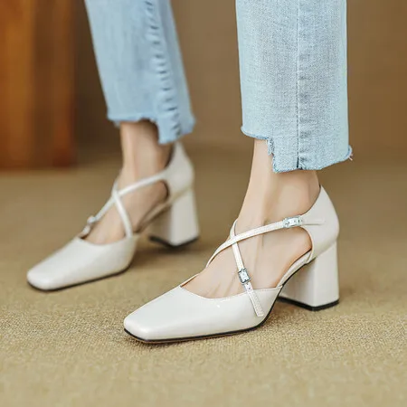 

Low Heels Mary Janes Shoes for Women Dress Pump 2024 Cowhide Genuine Leather Women's Heeled Party Office Wedding Lolita Shoes