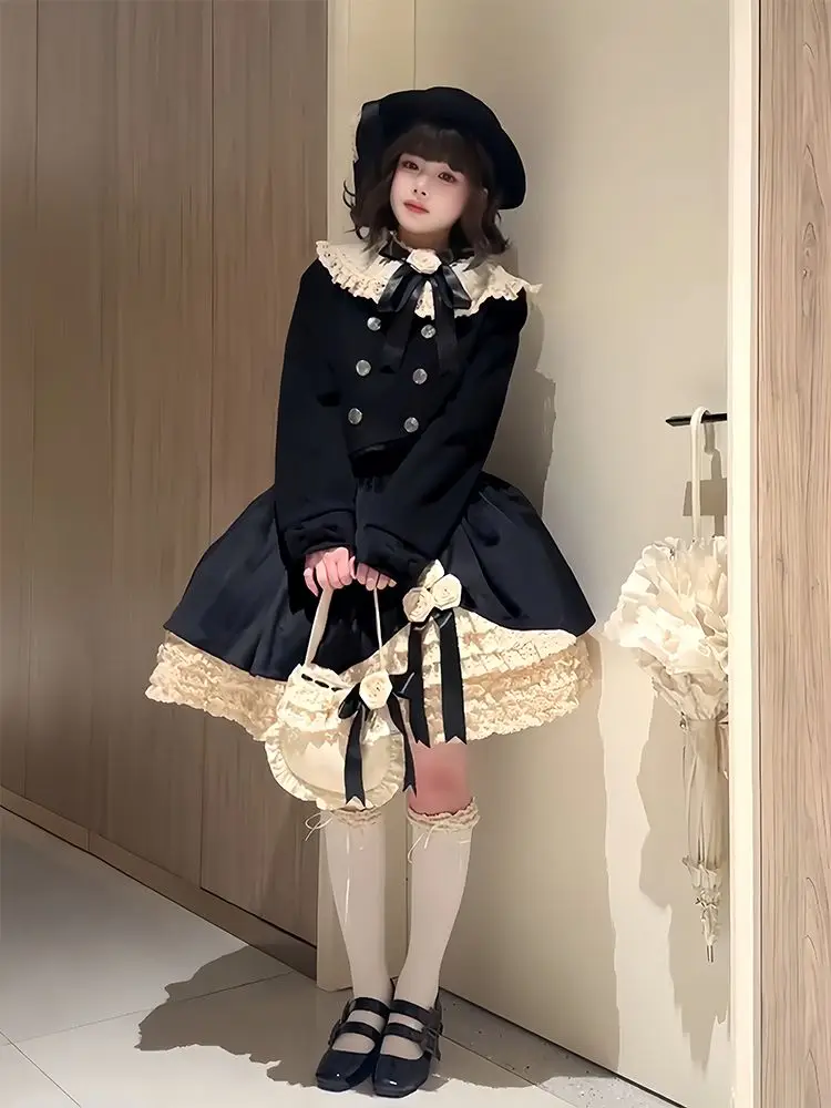 

Осенний японский милый милый комплект в стиле Лолиты, женское шерстяное пальто с бантом в стиле Харадзюку + элегантная короткая юбка, эстетический комплект Y2K 2000-х годов